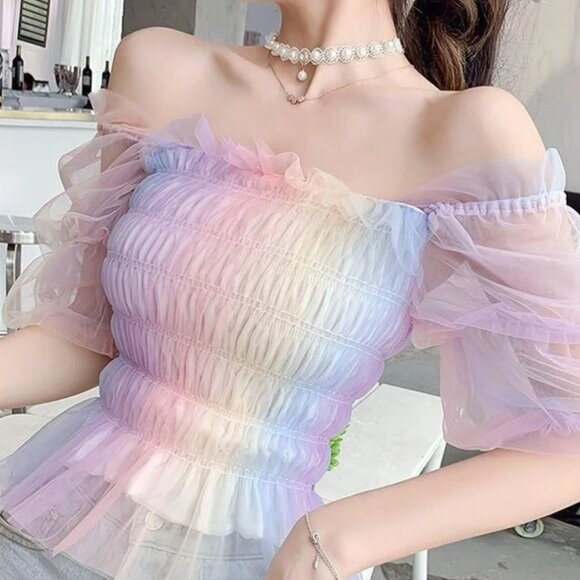 Rainbow Tulle Blouse | Women Cute Top Ombre Gradient Shirt - Picture 3 of 5